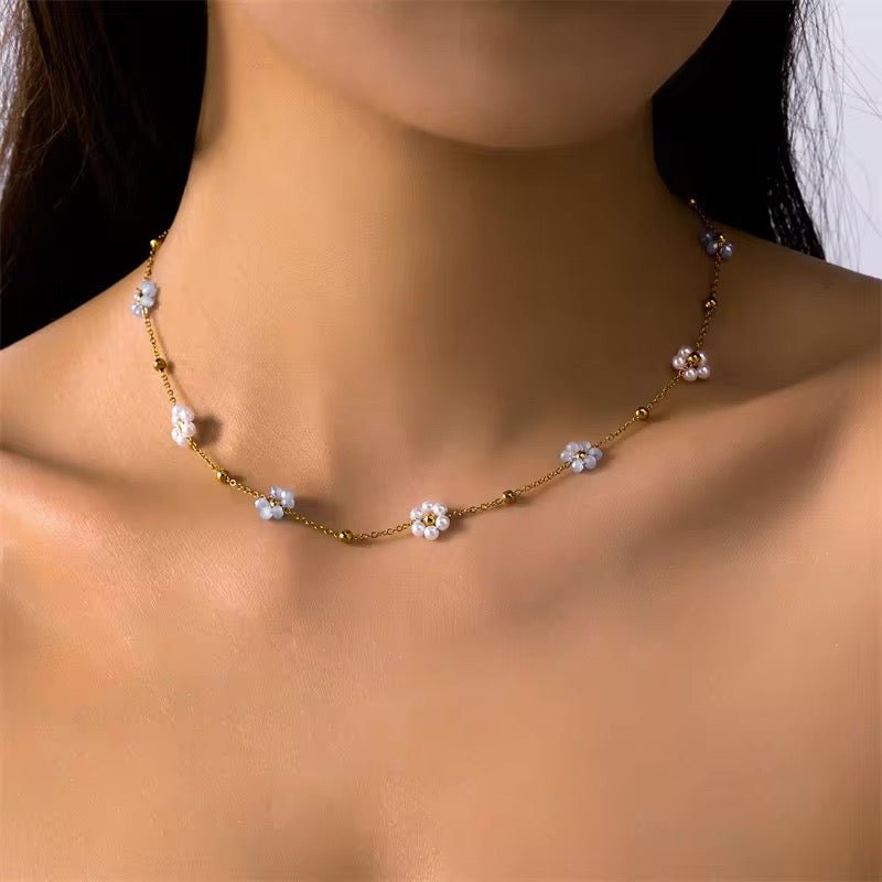 Dainty Daisy Necklace & Bracelets in white & blue