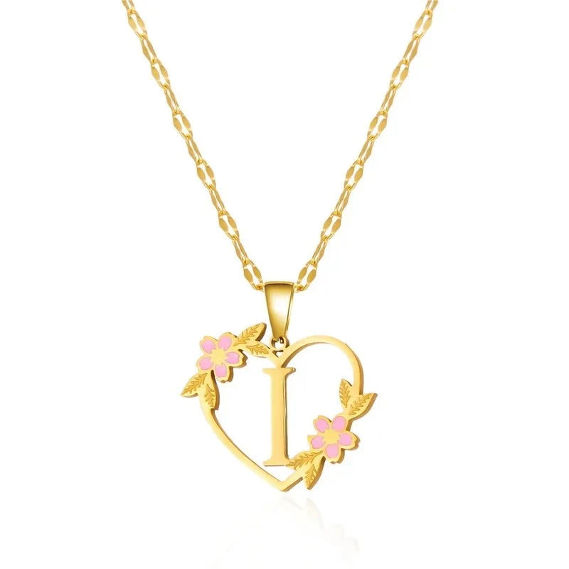 dainty floral accented heart letter initial necklace