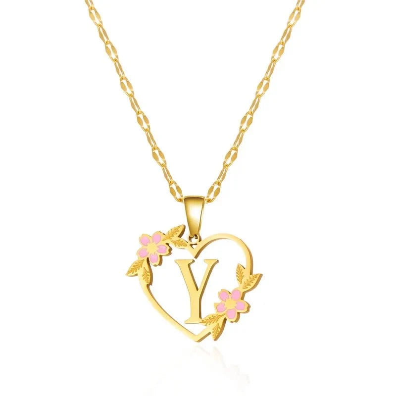dainty floral accented heart letter initial necklace