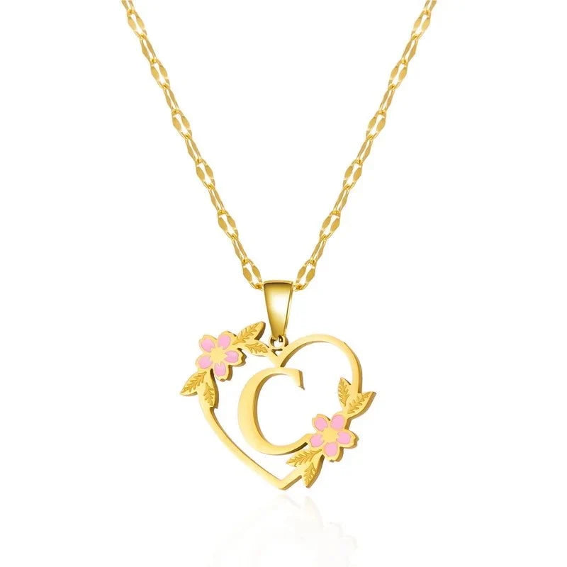 dainty floral accented heart letter initial necklace