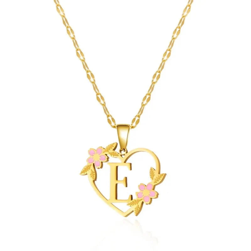 dainty floral accented heart letter initial necklace