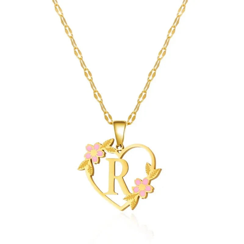 dainty floral accented heart letter initial necklace