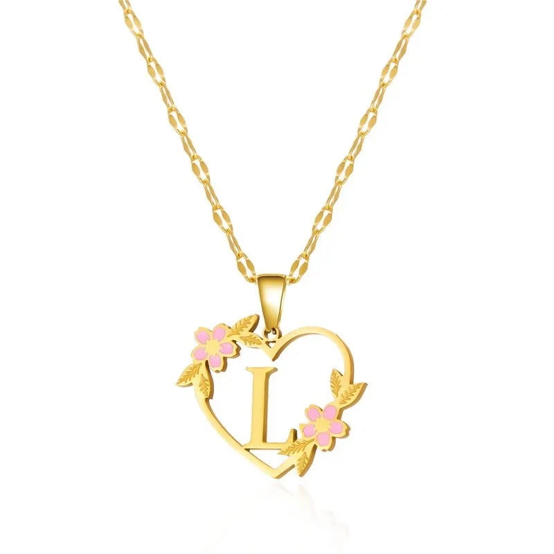 dainty floral accented heart letter initial necklace