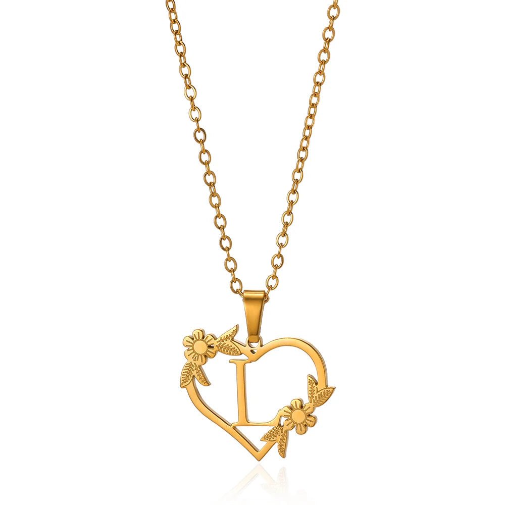 dainty floral heart letter initial necklace
