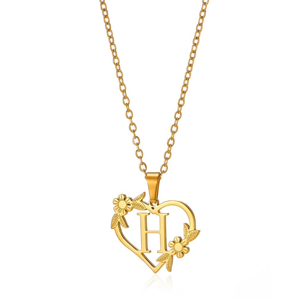 dainty floral heart letter initial necklace