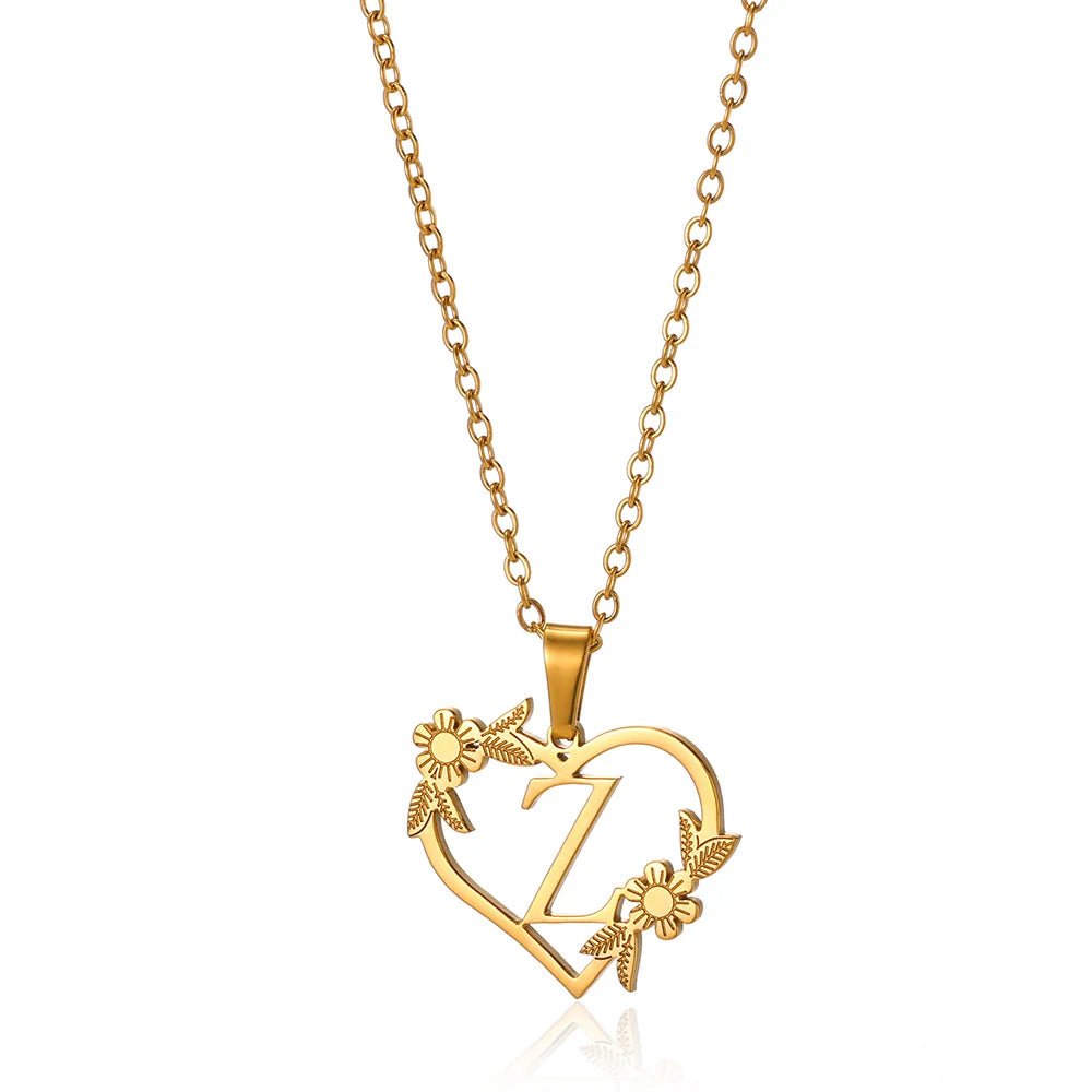 dainty floral heart letter initial necklace