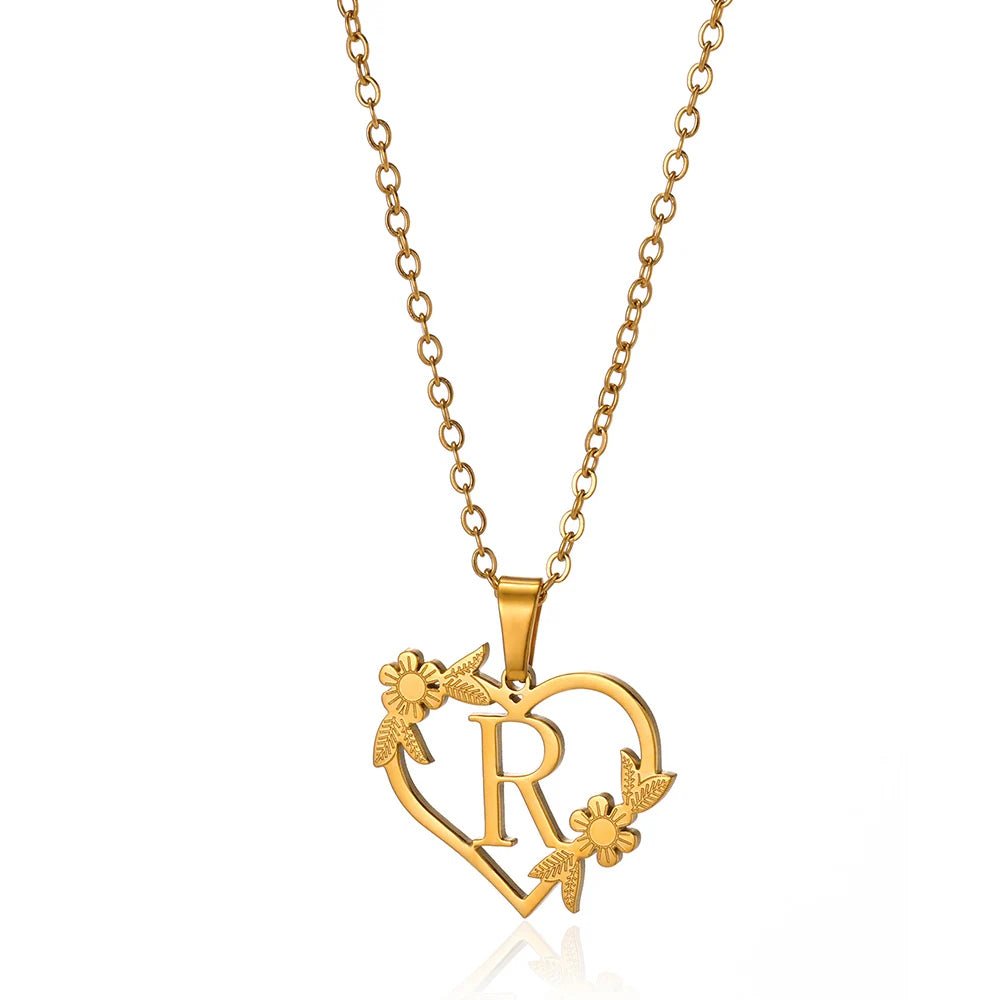 dainty floral heart letter initial necklace