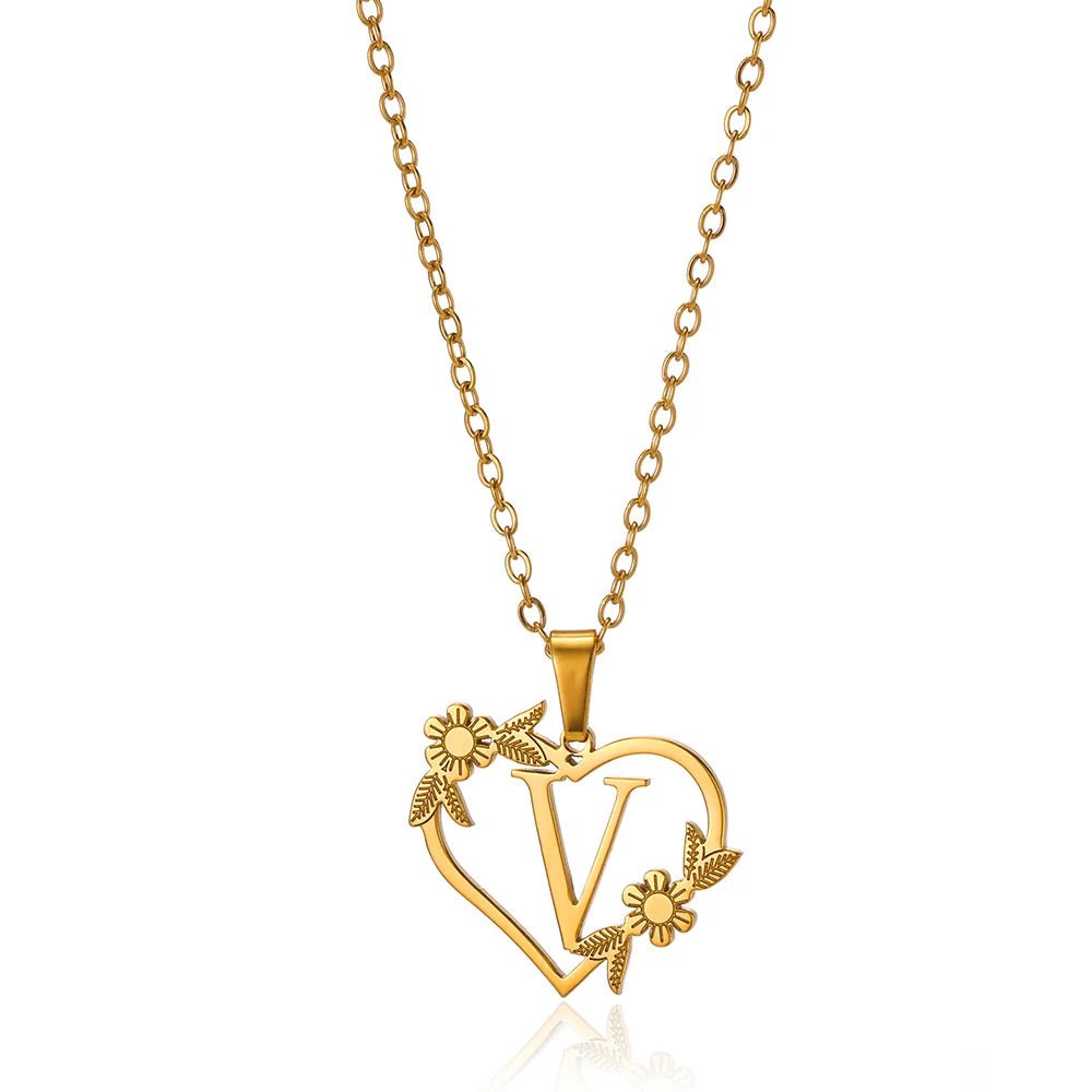 dainty floral heart letter initial necklace