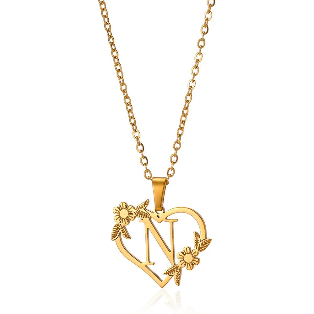 dainty floral heart letter initial necklace