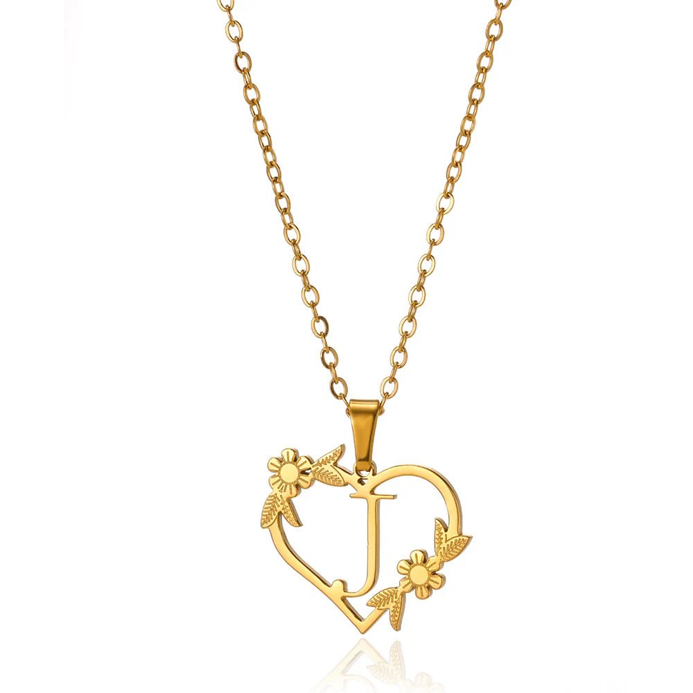 dainty floral heart letter initial necklace