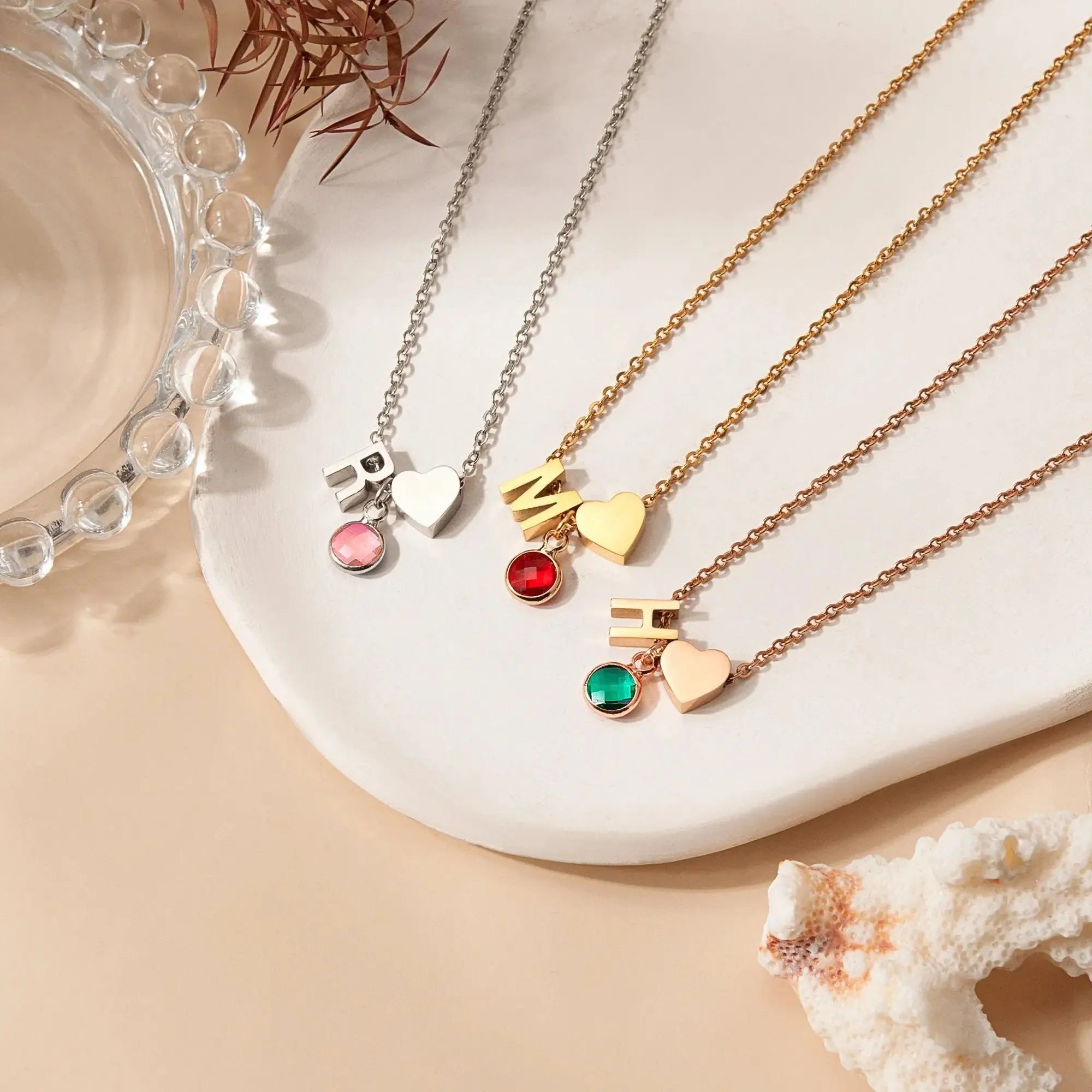 Dainty Heart & Birthstone Letter Initial Necklace in gold