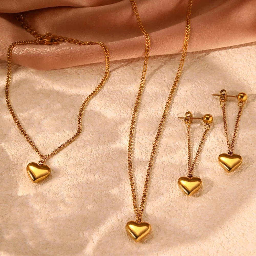 Dainty Heart Chain Necklace, Bracelet, and Earring Set