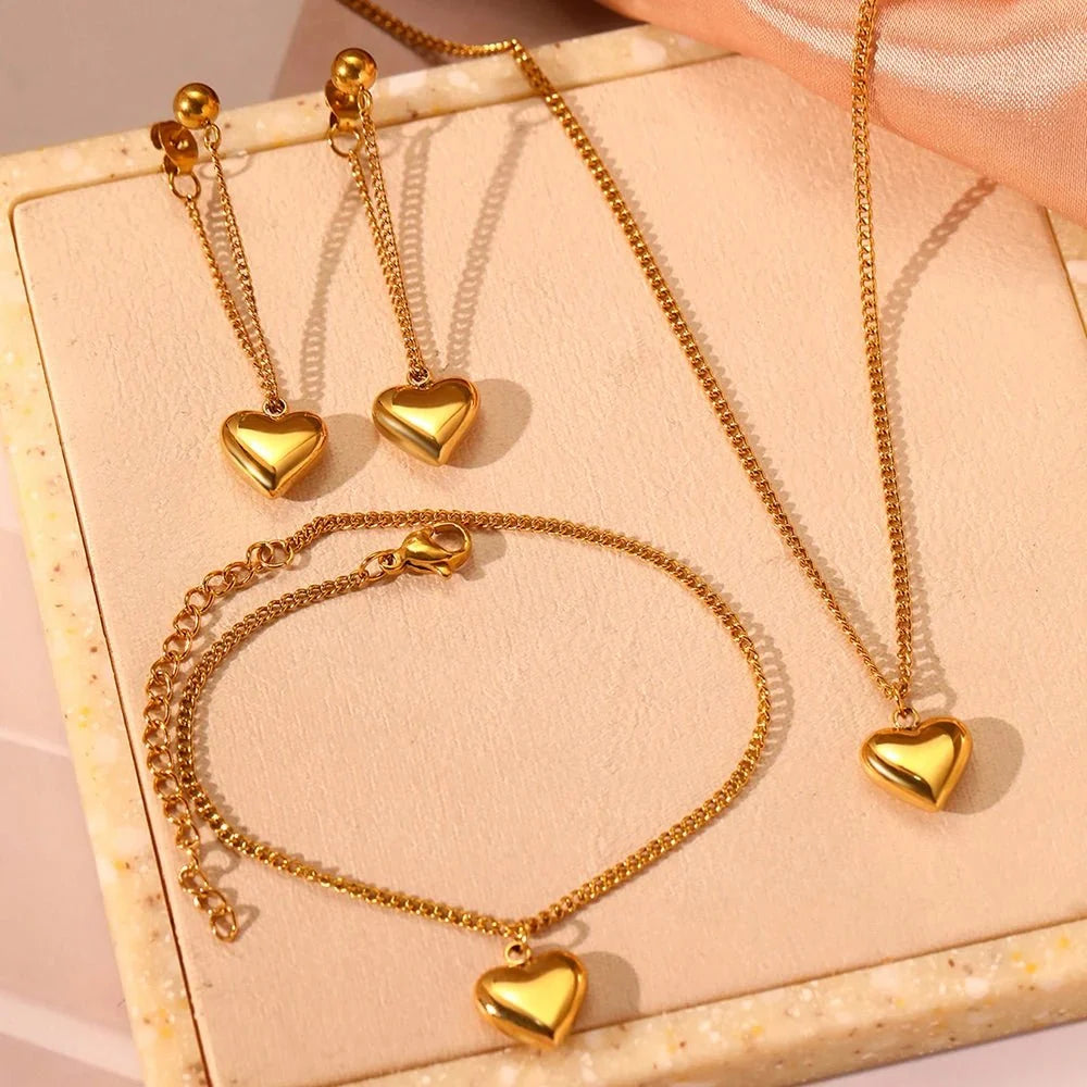 Dainty Heart Chain Necklace, Bracelet, and Earring Set in gold
