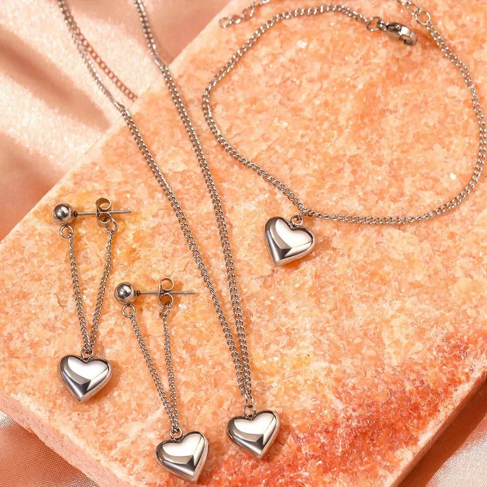 Dainty Heart Chain Necklace, Bracelet, and Earring Set in silver