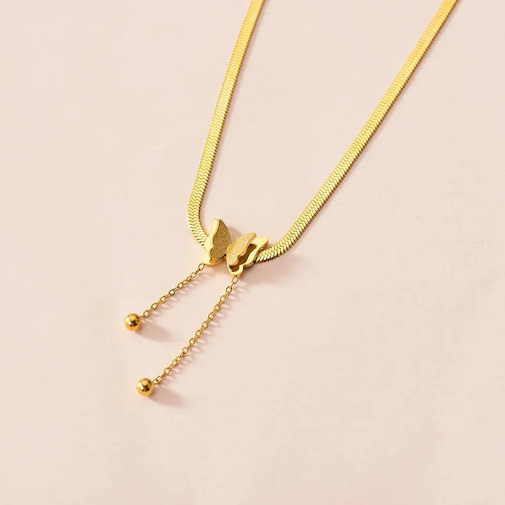 Dainty Herringbone Butterfly Dangle Necklace