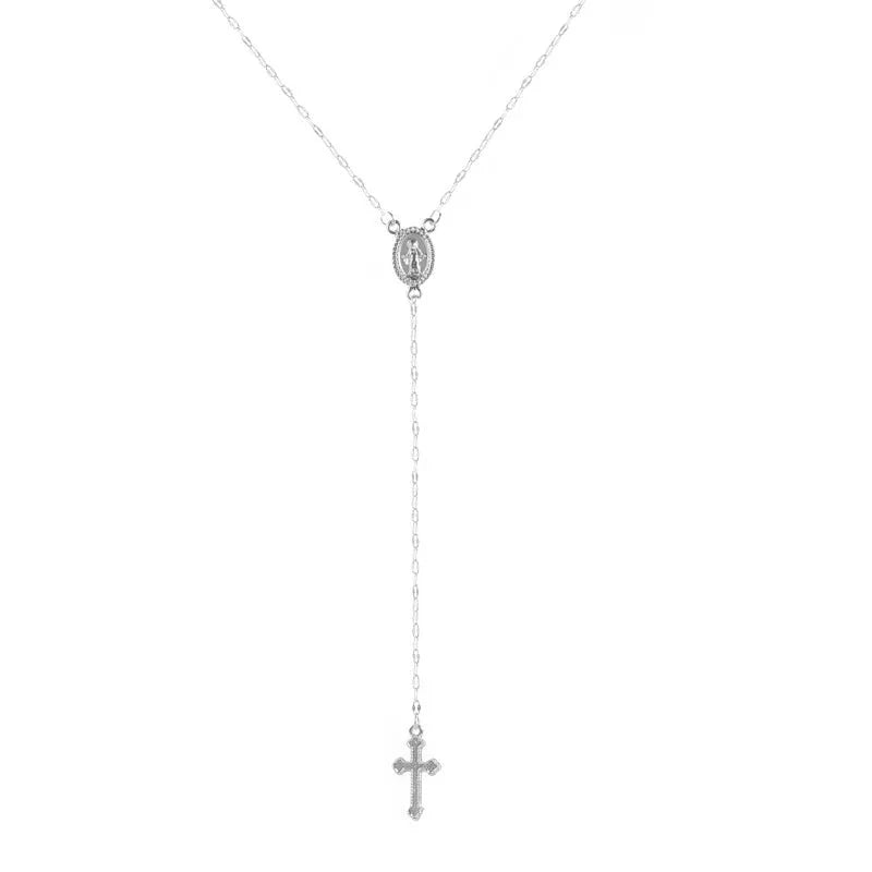 Dainty Lariat Cross Rosary Necklace in silver