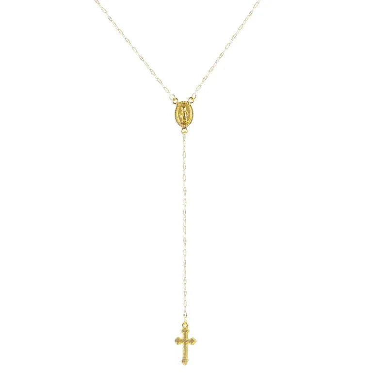 Dainty Lariat Cross Rosary Necklace in gold