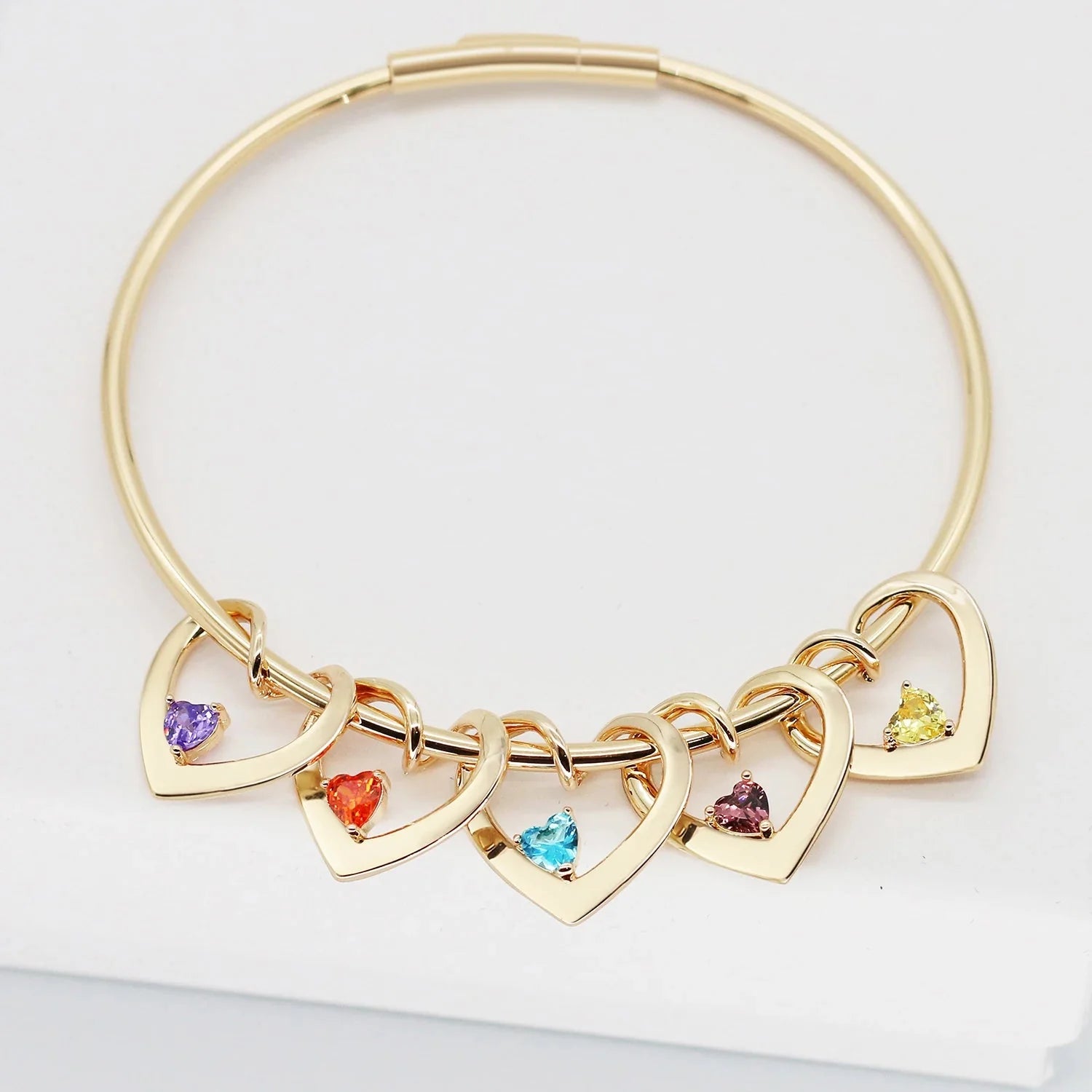 Dainty Name & Birthstone Heart Charm Bangle Bracelet & Necklace in gold
