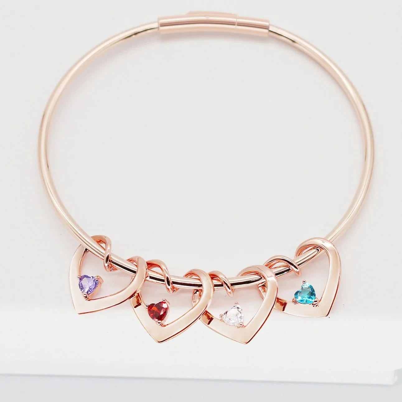 Dainty Name & Birthstone Heart Charm Bangle Bracelet & Necklace in rose gold
