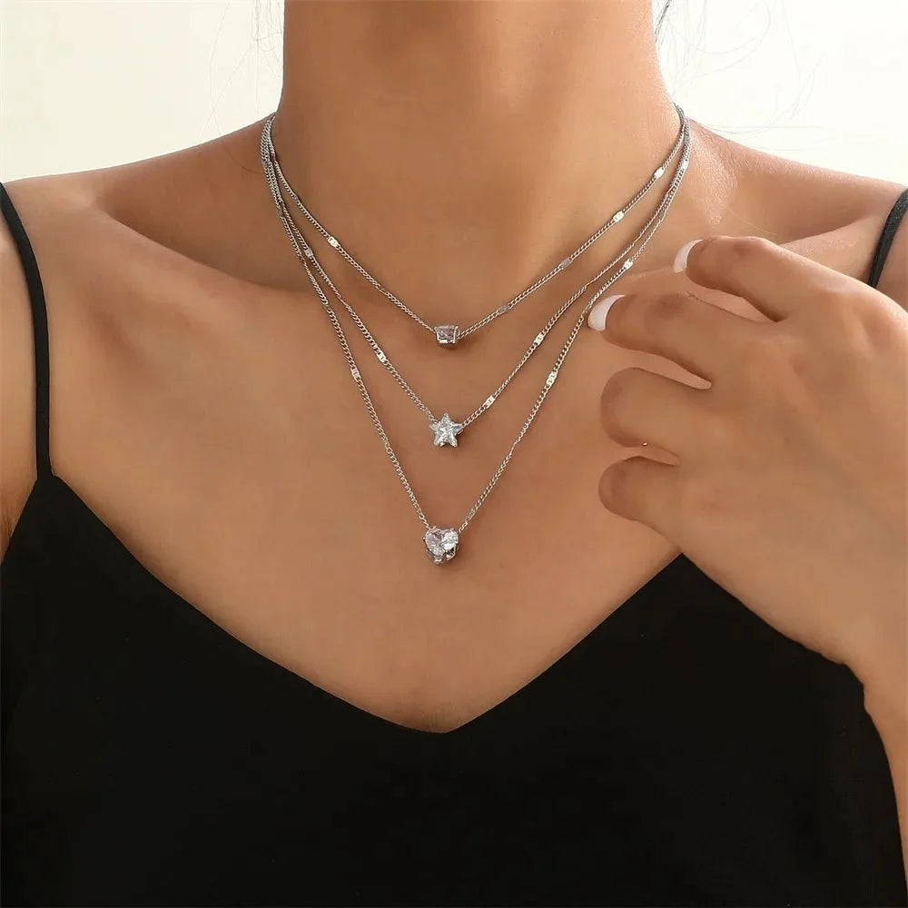 Dainty Shaped Diamonds Necklace Stack in silver