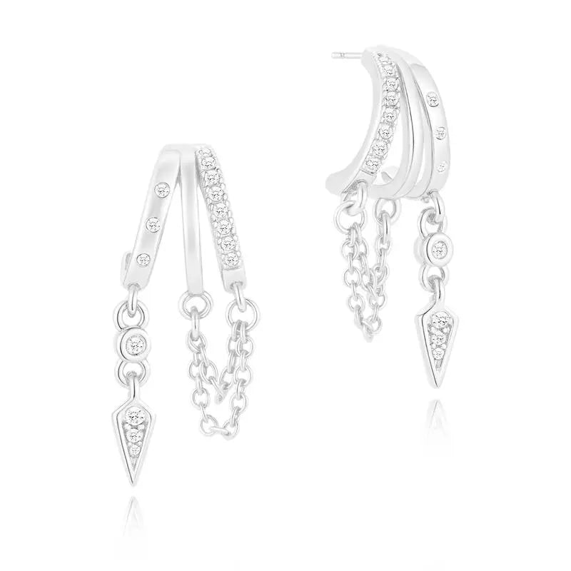 14k Triple Huggie Dangle Earrings Pair in silver