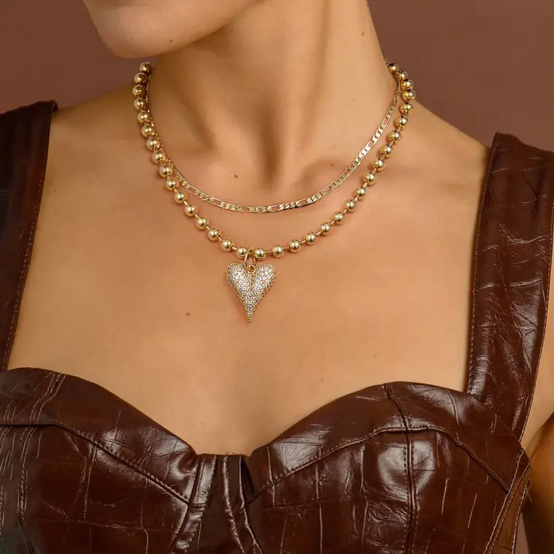 14k Beaded Chain Bubble Heart Necklaces