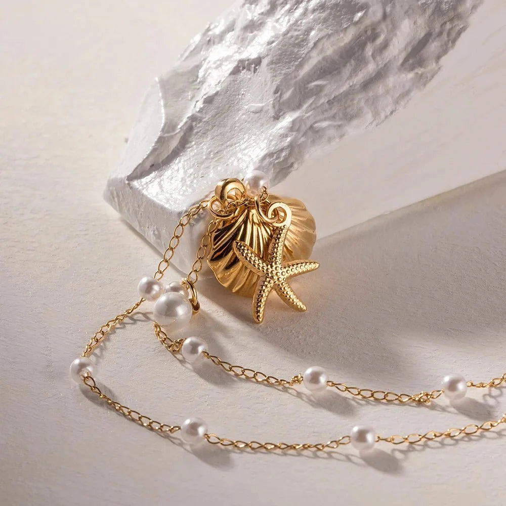 Elegant Dainty Spaced Pearl Seashell Necklace