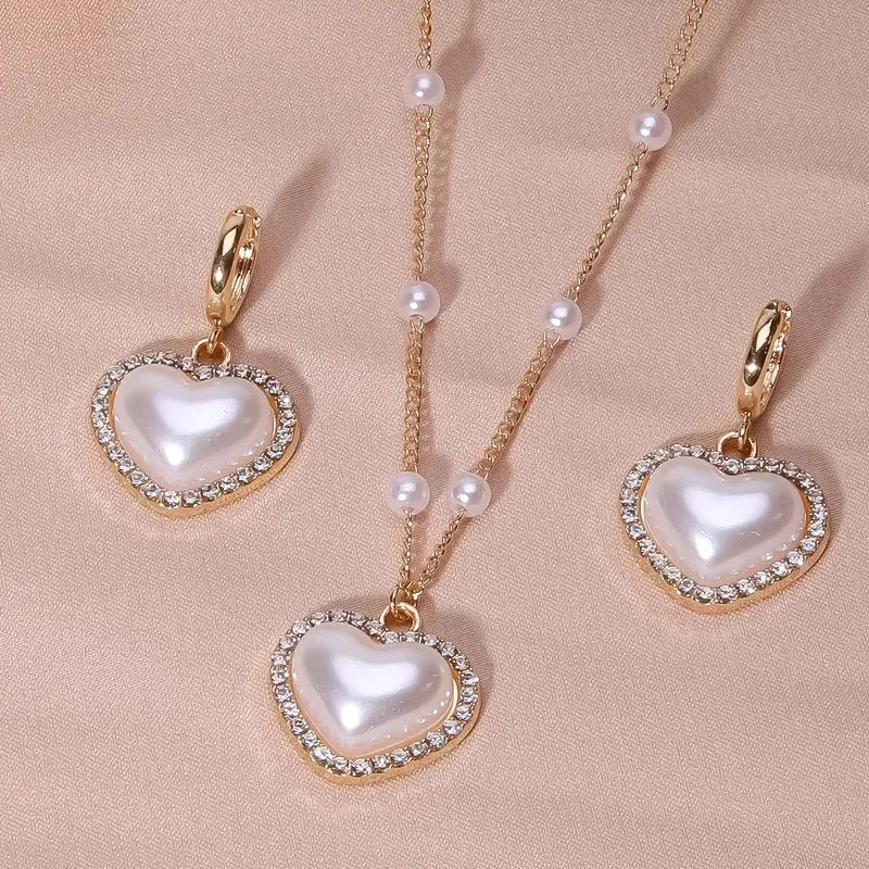 Elegant Pearl Heart Necklace and Earrings Set
