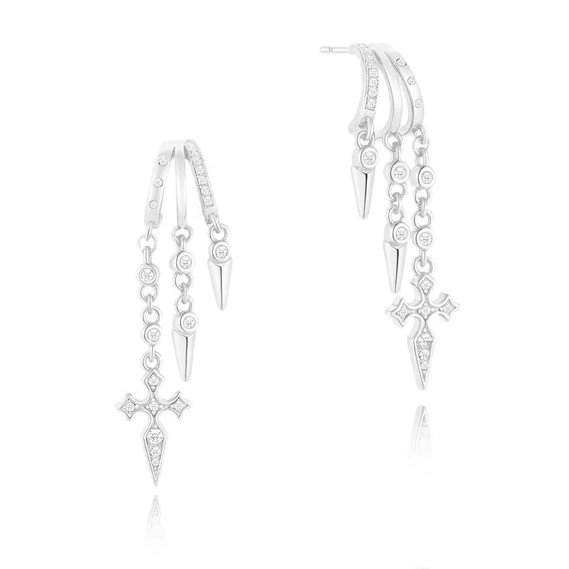 14k Triple Huggie Dangle Earrings Pair in silver