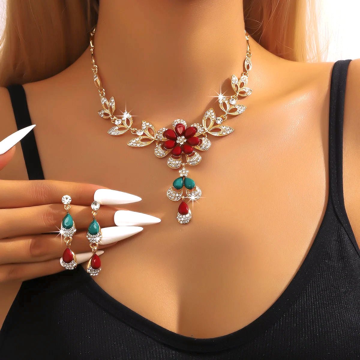 Floral Diamond Necklace and Earring Set in green & red