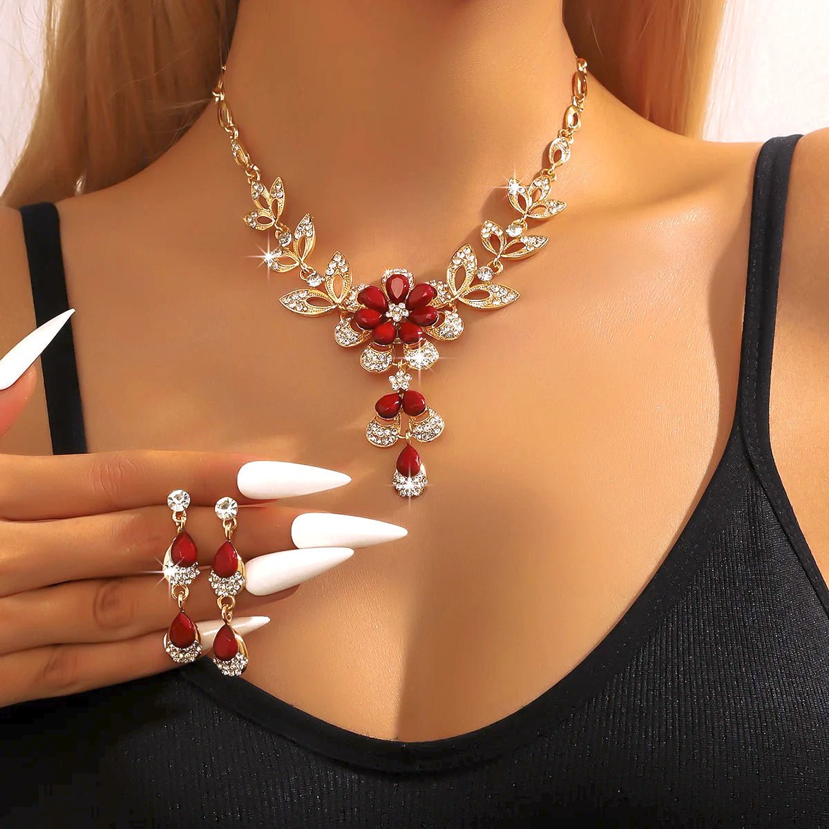 Floral Diamond Necklace and Earring Set in red