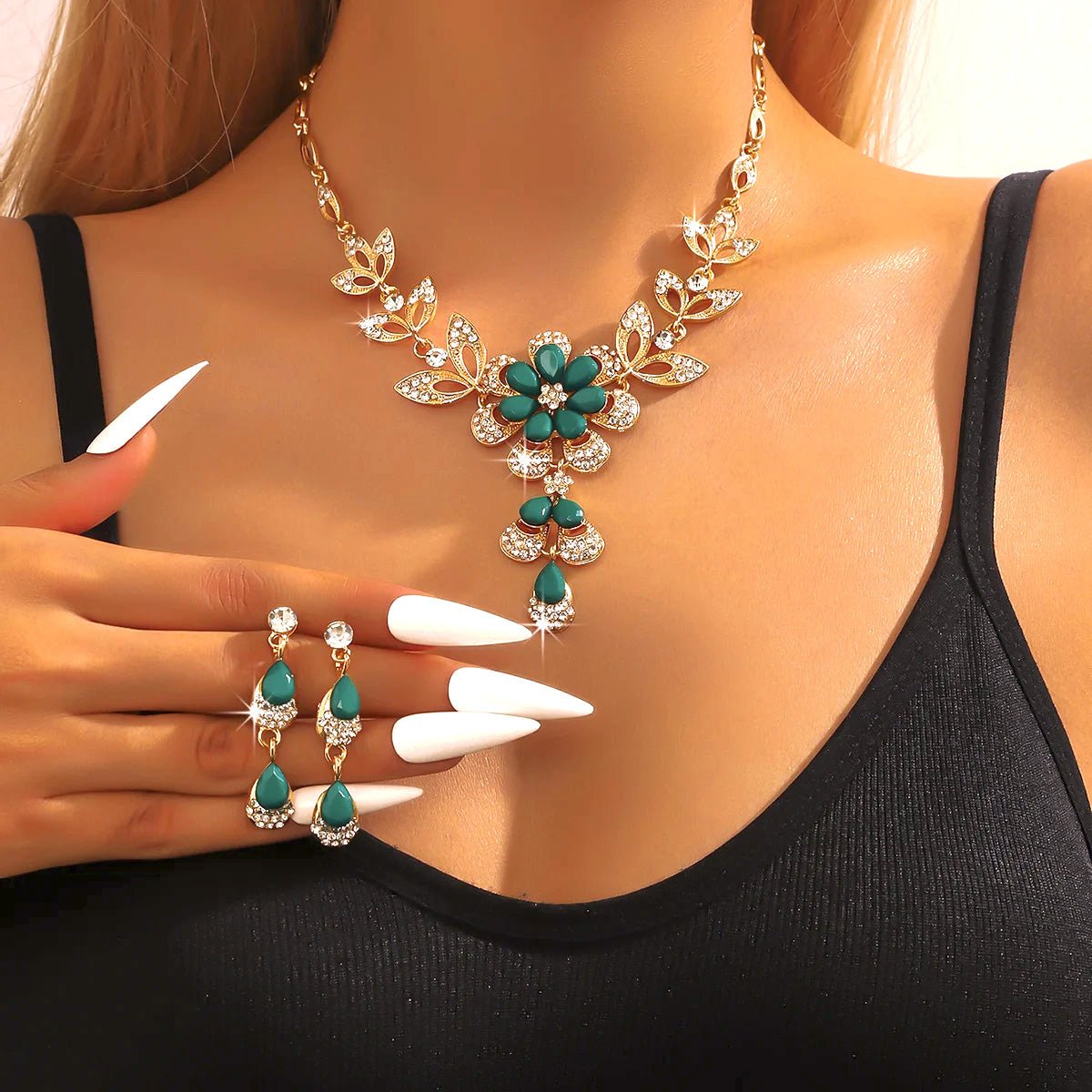 Floral Diamond Necklace and Earring Set in green