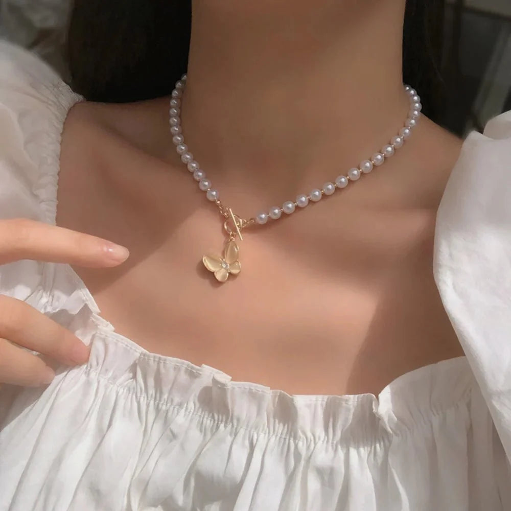 Gold Crystal Butterfly Clasp Choker Necklace