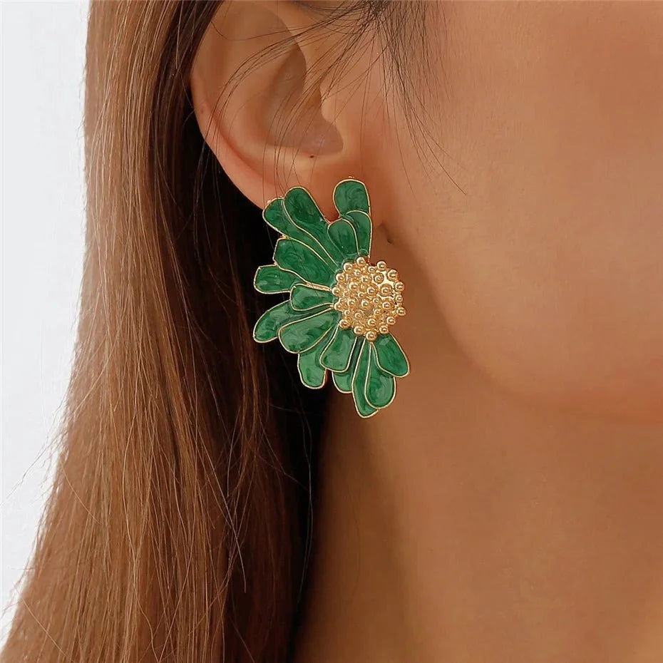 Half Flower Enamel Earrings in green