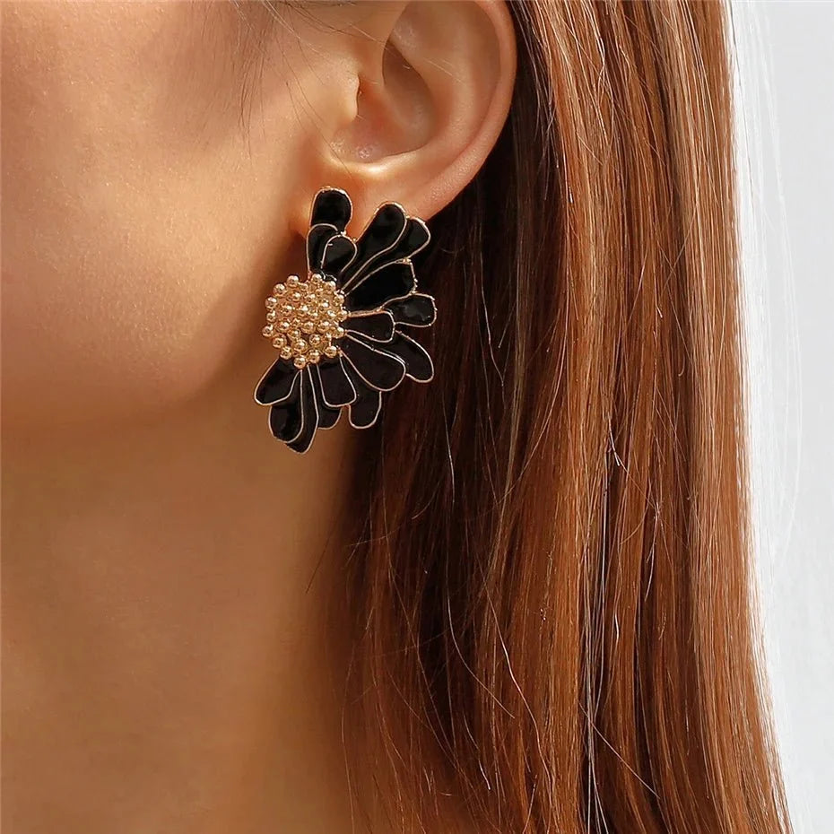 Half Flower Enamel Earrings in black