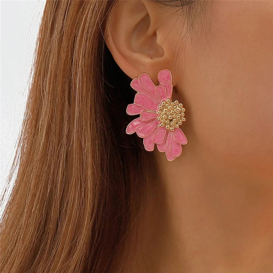 Half Flower Enamel Earrings in pink