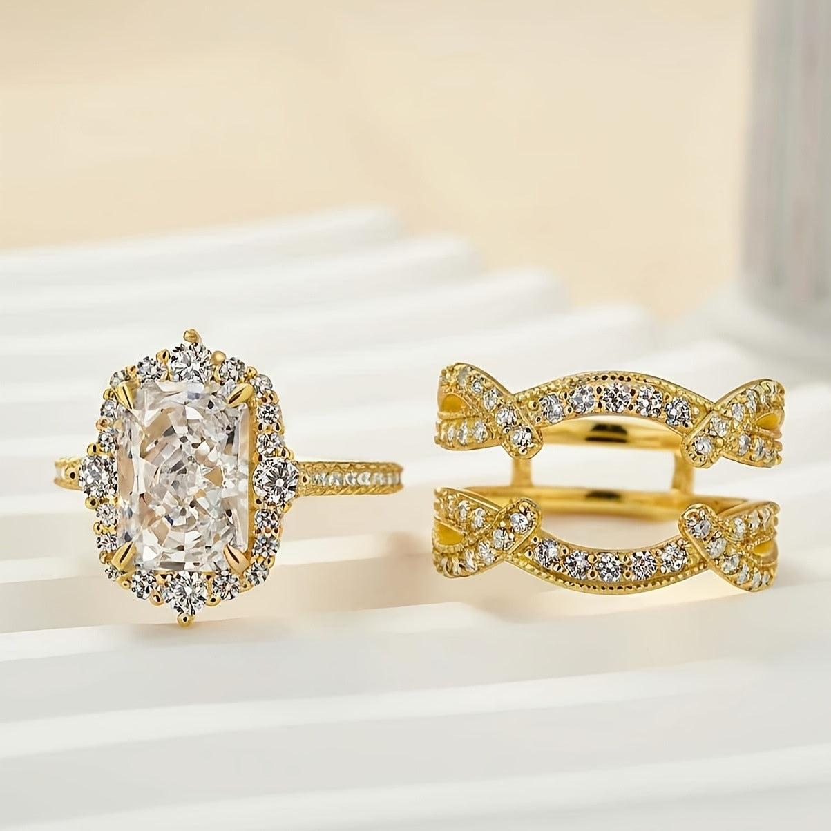2pc Stackable Princess Cut Ring Set in gold