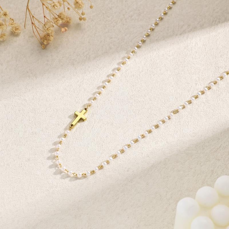 2pc Dainty Pearl & Cross Necklace & Bracelet Set