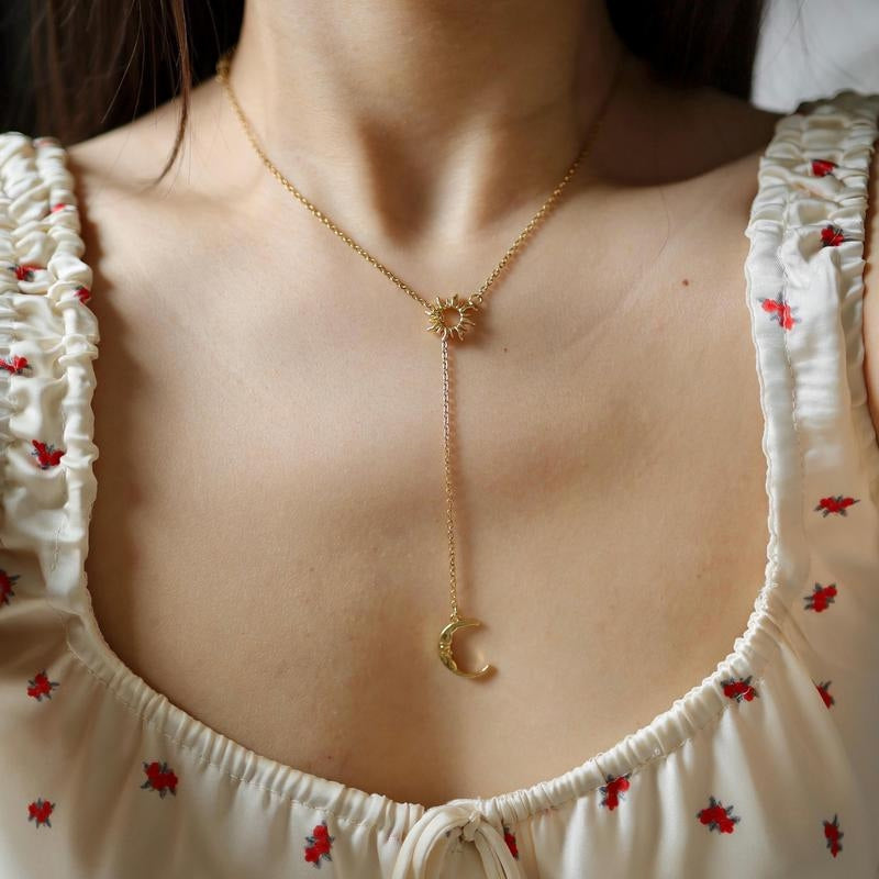 Dainty Sun & Moon Lariat Necklace