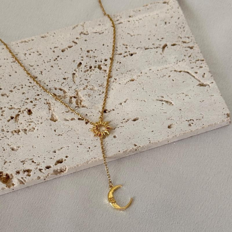 Dainty Sun & Moon Lariat Necklace