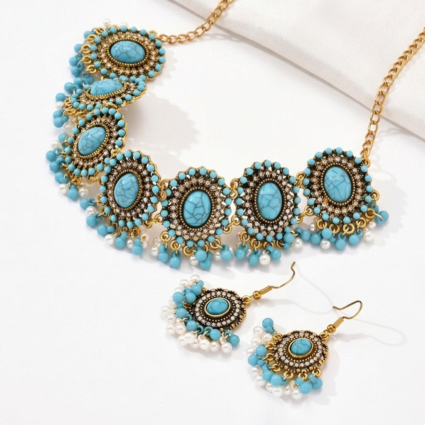 Boho Turquoise Earrings & Choker Necklace Set