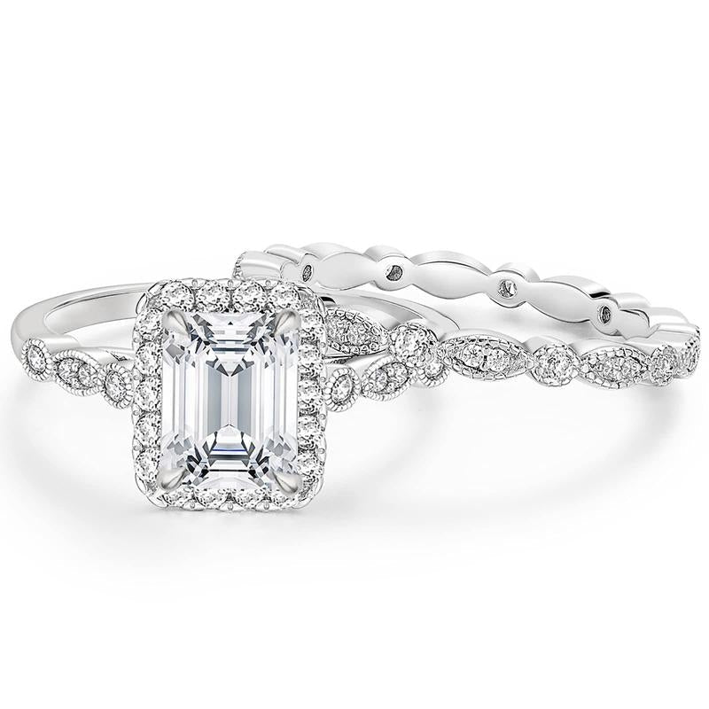 2pc Emerald Cut Ring Set in silver