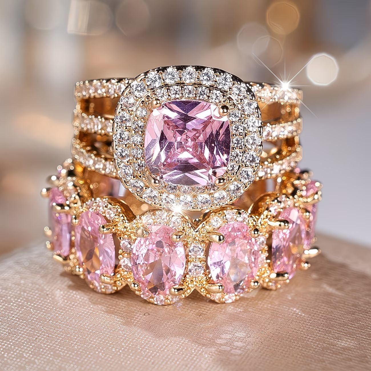 2pc Statement Large Stone Ring Stack in gold