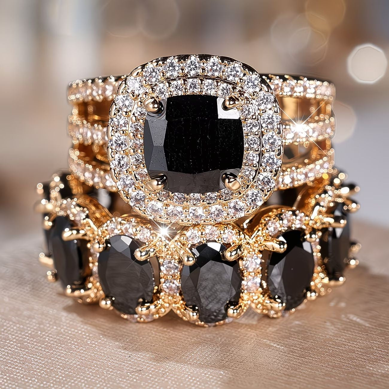 2pc Statement Large Stone Ring Stack in gold