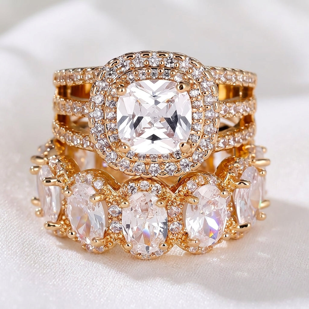 2pc Statement Large Stone Ring Stack in gold