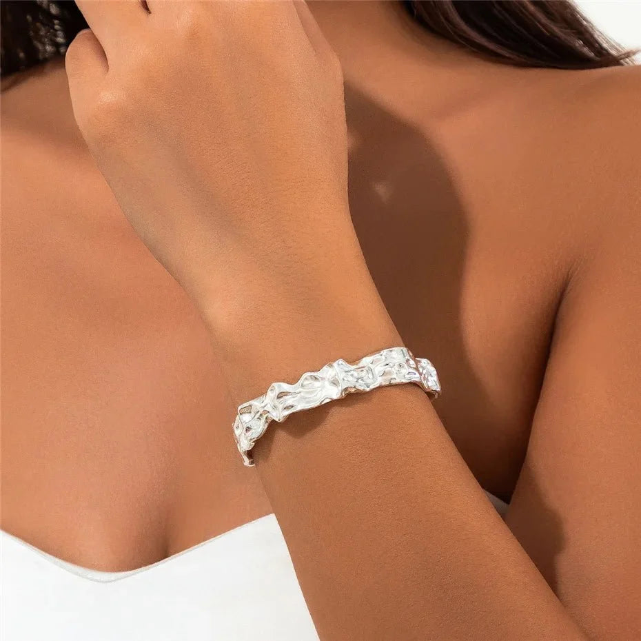 Irregular Crumbled Textured Bangle Bracelet in silver