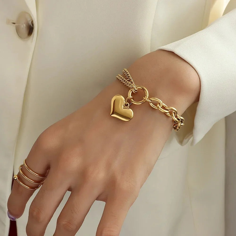 Layered Chain and Paperclip Heart Bracelet in gold