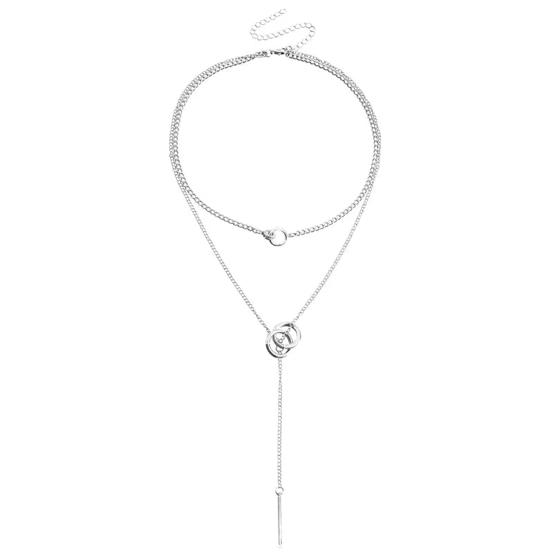 Layered Dual Circle Chain Necklace in silver