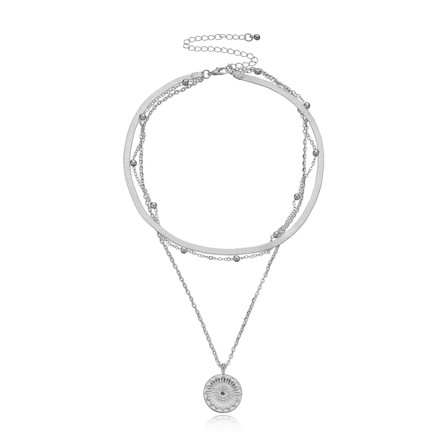 Layered Floral Pendant Herringbone & Dainty Necklaces Stack in silver