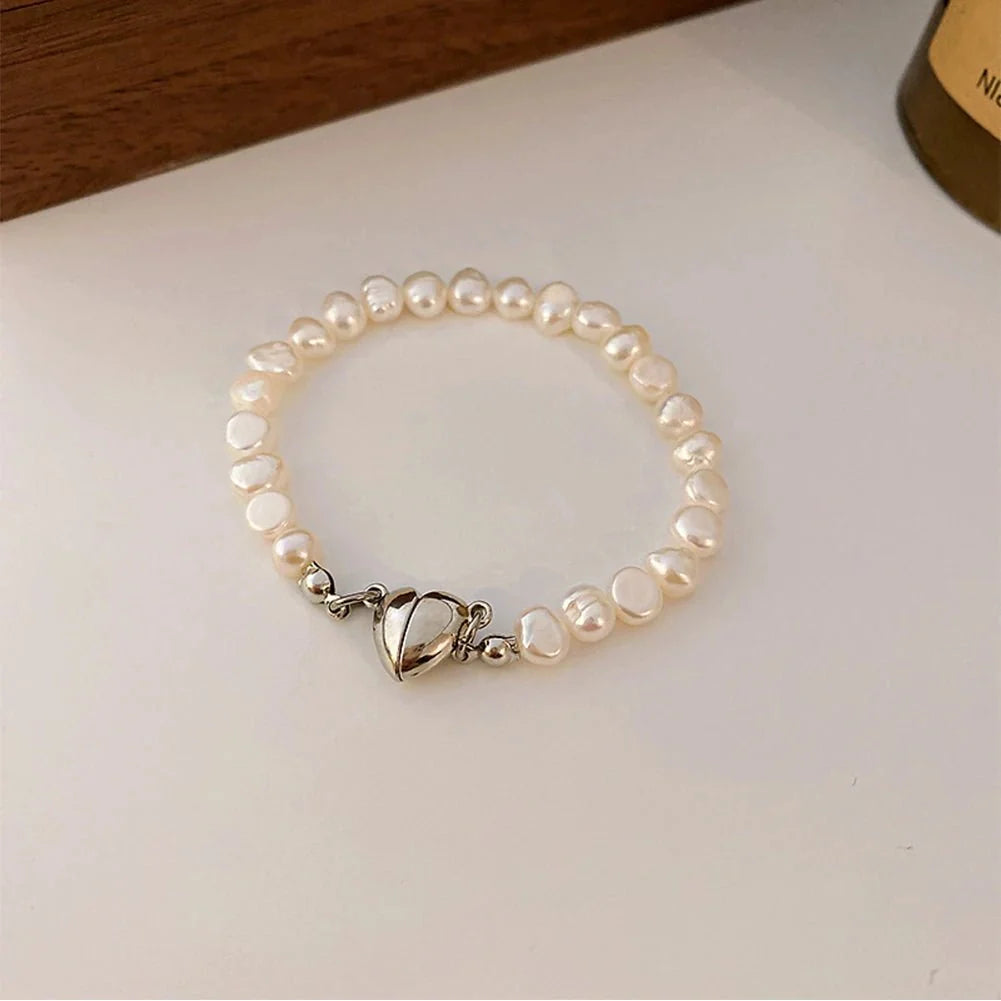 Magnetic Heart Pearl Choker Necklace and Bracelet